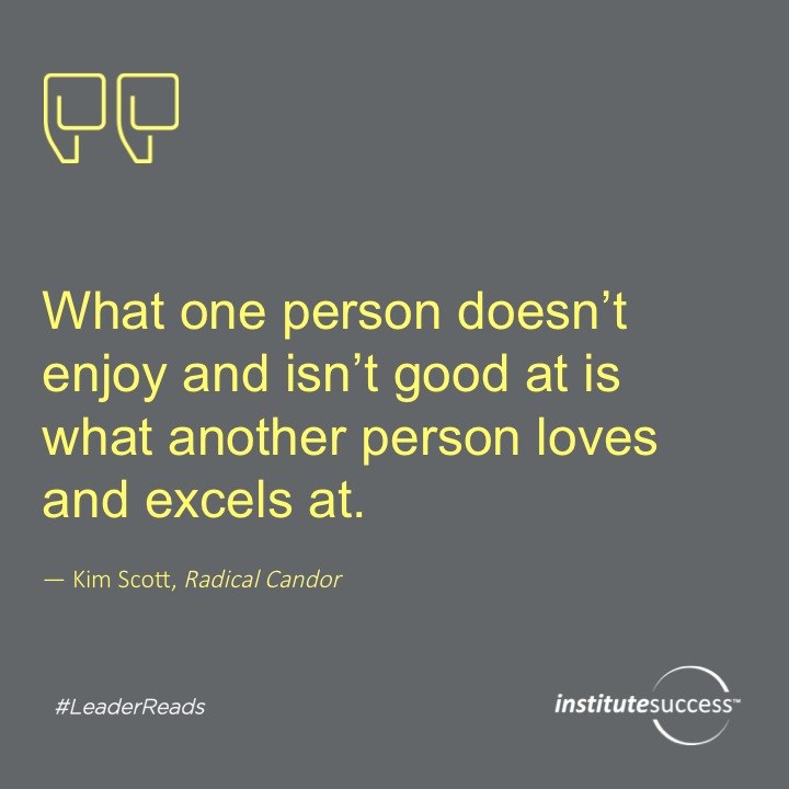 What one person doesn’t enjoy and isn’t good at is what another person loves and excels at.	Kim Scott